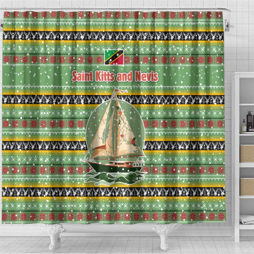 Saint Kitts and Nevis Christmas Shower Curtain with Green Red Black Xmas Sailboat and Map - Wonder Print Shop