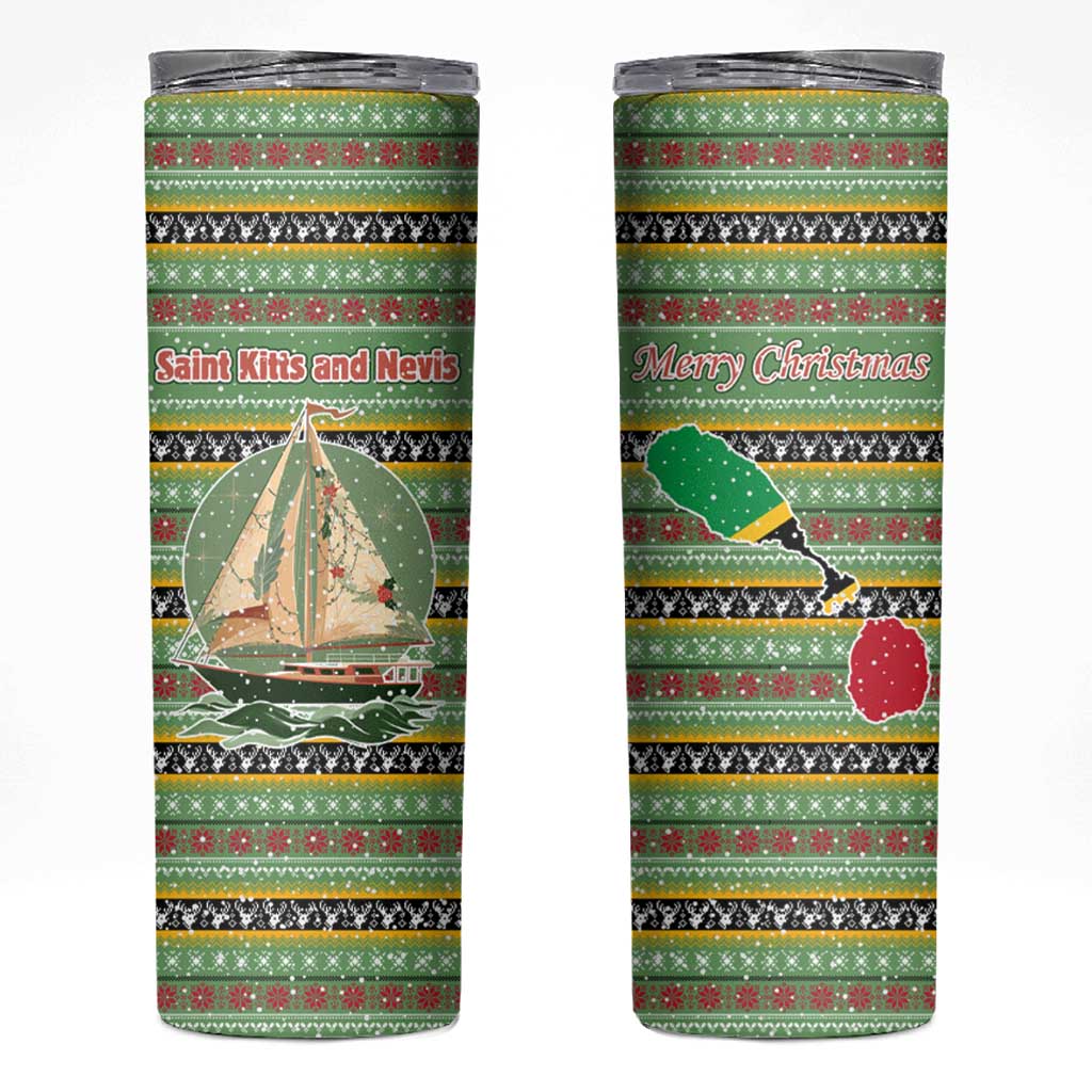 Saint Kitts and Nevis Christmas Skinny Tumbler with Green Red Black Xmas Sailboat and Map - Wonder Print Shop