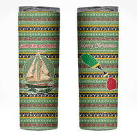 Saint Kitts and Nevis Christmas Skinny Tumbler with Green Red Black Xmas Sailboat and Map - Wonder Print Shop