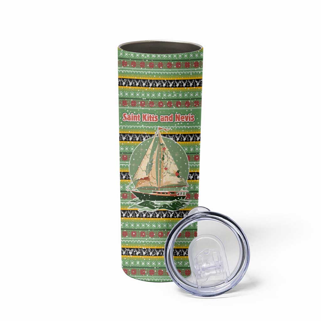 Saint Kitts and Nevis Christmas Skinny Tumbler with Green Red Black Xmas Sailboat and Map - Wonder Print Shop