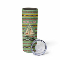 Saint Kitts and Nevis Christmas Skinny Tumbler with Green Red Black Xmas Sailboat and Map - Wonder Print Shop