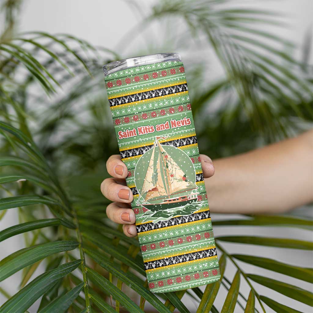 Saint Kitts and Nevis Christmas Skinny Tumbler with Green Red Black Xmas Sailboat and Map - Wonder Print Shop
