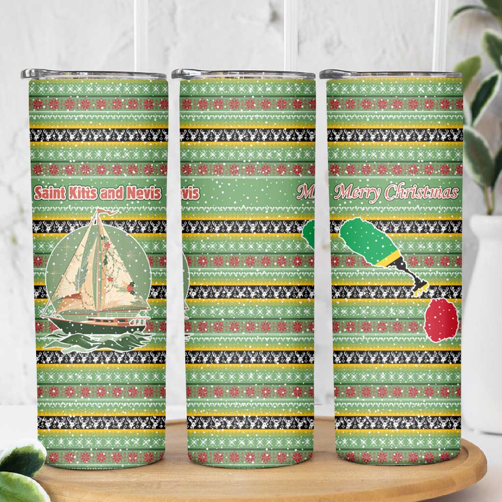 Saint Kitts and Nevis Christmas Skinny Tumbler with Green Red Black Xmas Sailboat and Map - Wonder Print Shop