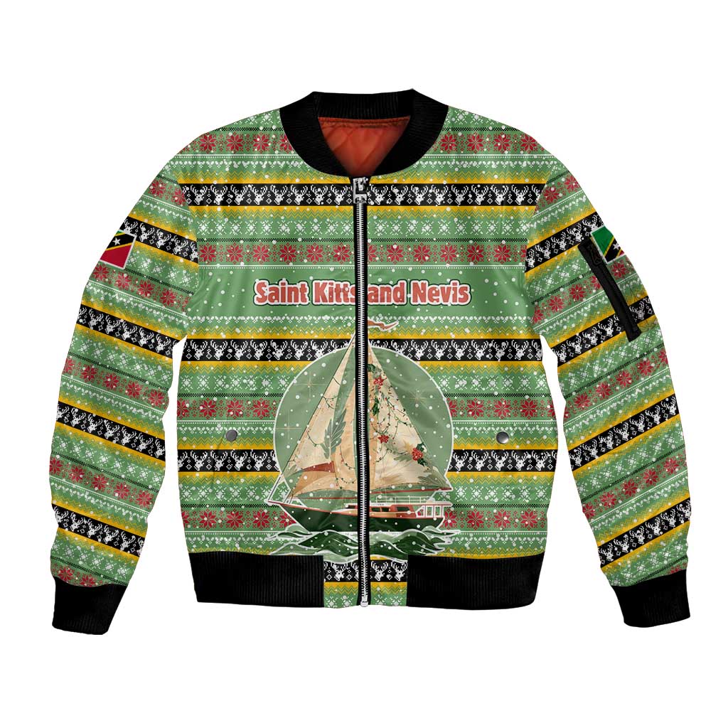 Saint Kitts and Nevis Christmas Sleeve Zip Bomber Jacket with Green Red Black Xmas Sailboat and Map - Wonder Print Shop