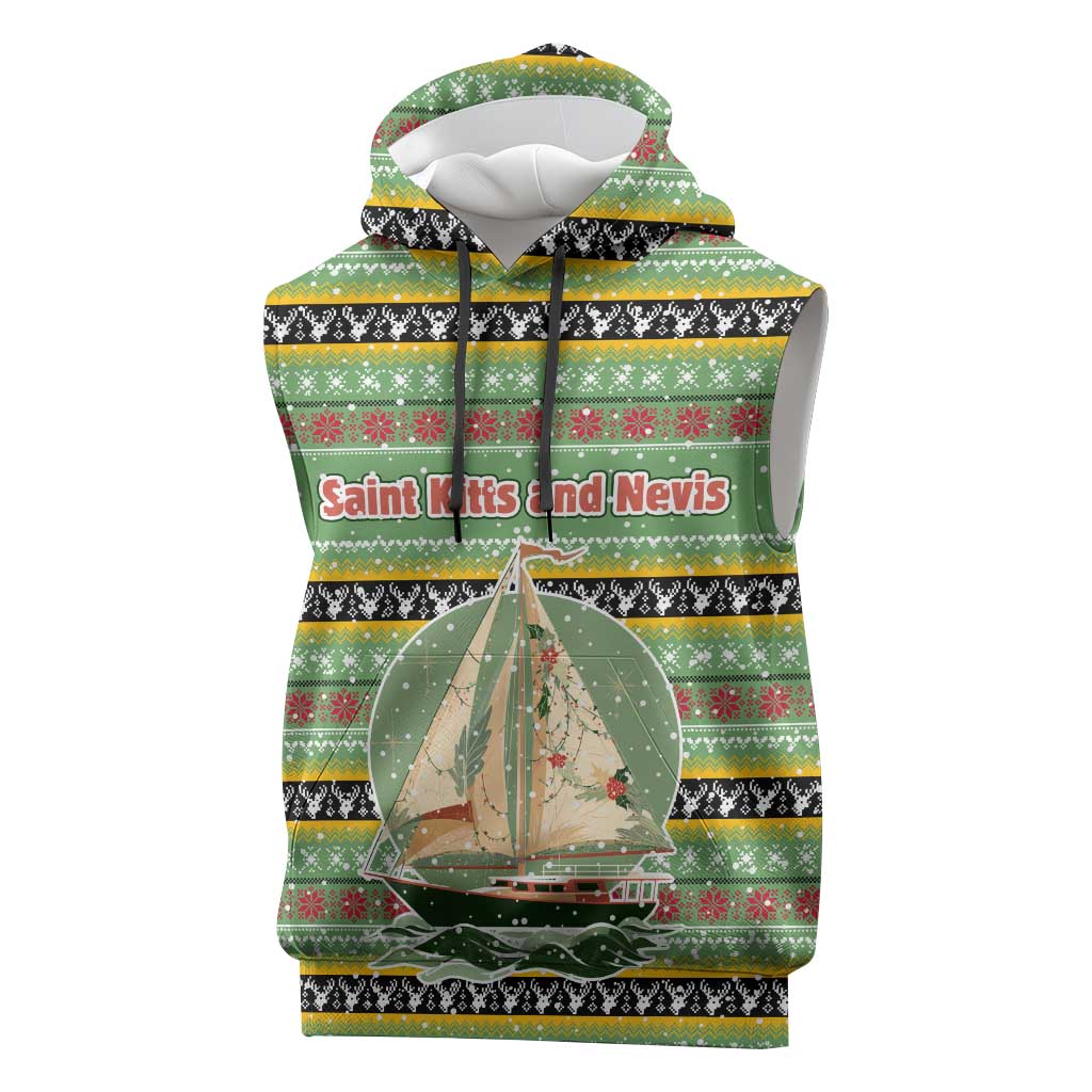 Saint Kitts and Nevis Christmas Sleeveless Hoodie with Green Red Black Xmas Sailboat and Map - Wonder Print Shop