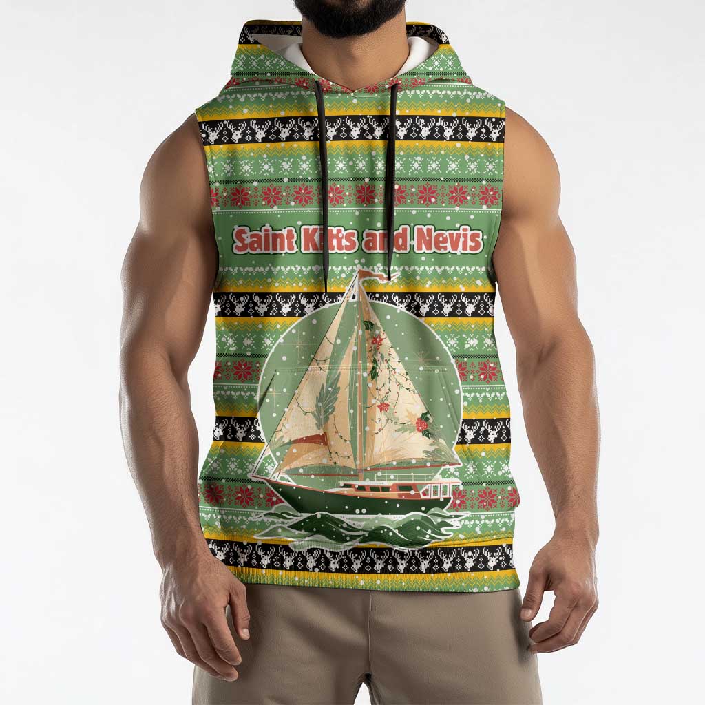 Saint Kitts and Nevis Christmas Sleeveless Hoodie with Green Red Black Xmas Sailboat and Map - Wonder Print Shop