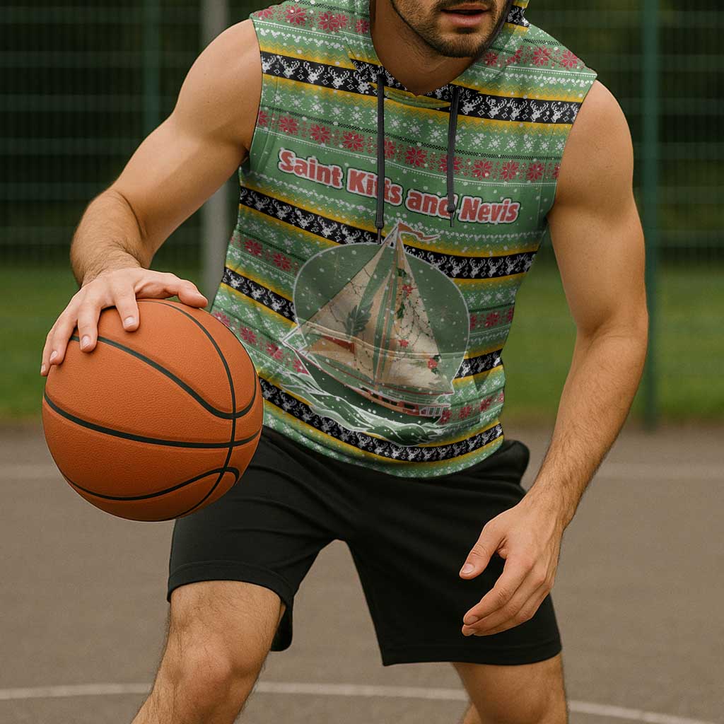 Saint Kitts and Nevis Christmas Sleeveless Hoodie with Green Red Black Xmas Sailboat and Map - Wonder Print Shop