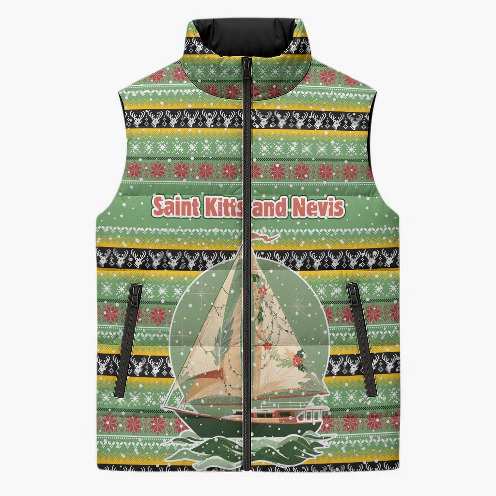 Saint Kitts and Nevis Christmas Sleeveless Puffer Jacket with Green Red Black Xmas Sailboat and Map - Wonder Print Shop