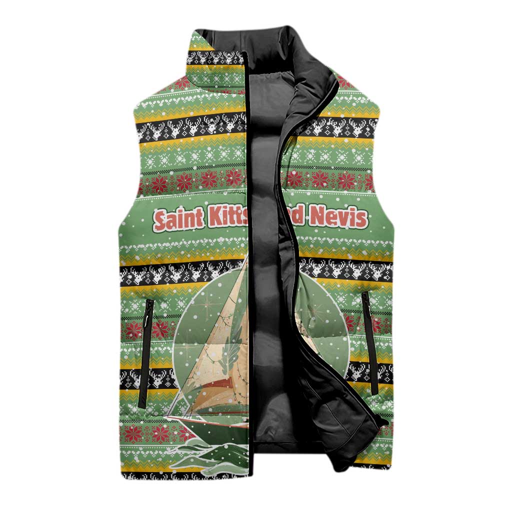 Saint Kitts and Nevis Christmas Sleeveless Puffer Jacket with Green Red Black Xmas Sailboat and Map - Wonder Print Shop