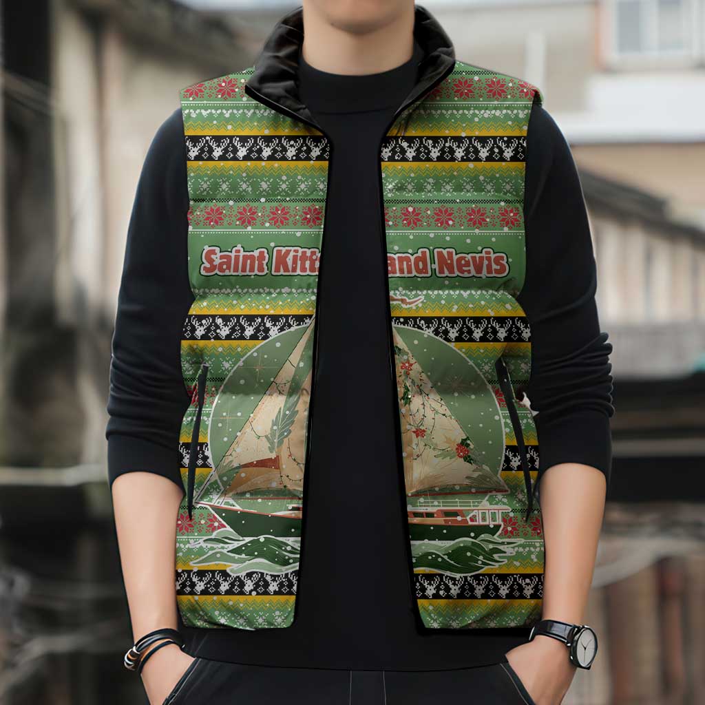 Saint Kitts and Nevis Christmas Sleeveless Puffer Jacket with Green Red Black Xmas Sailboat and Map - Wonder Print Shop
