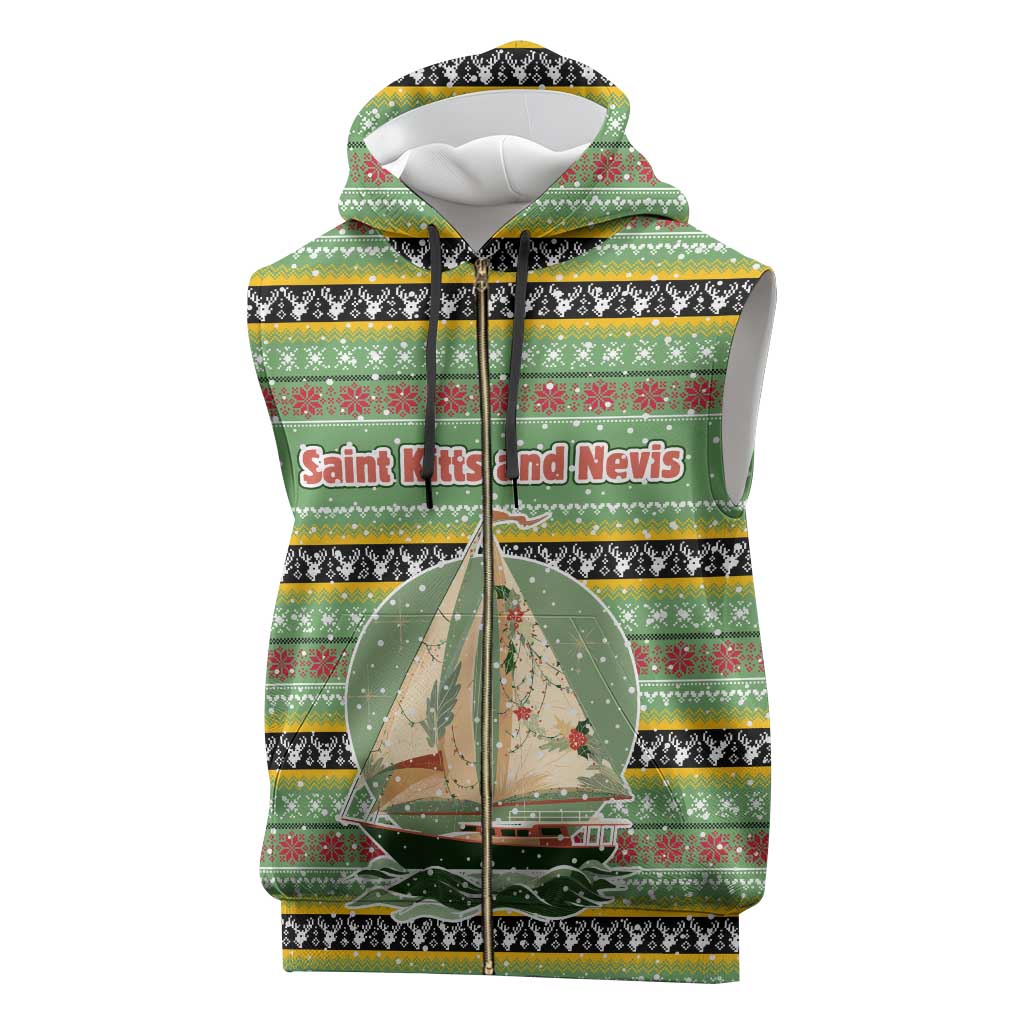 Saint Kitts and Nevis Christmas Sleeveless Zip Hoodie with Green Red Black Xmas Sailboat and Map - Wonder Print Shop