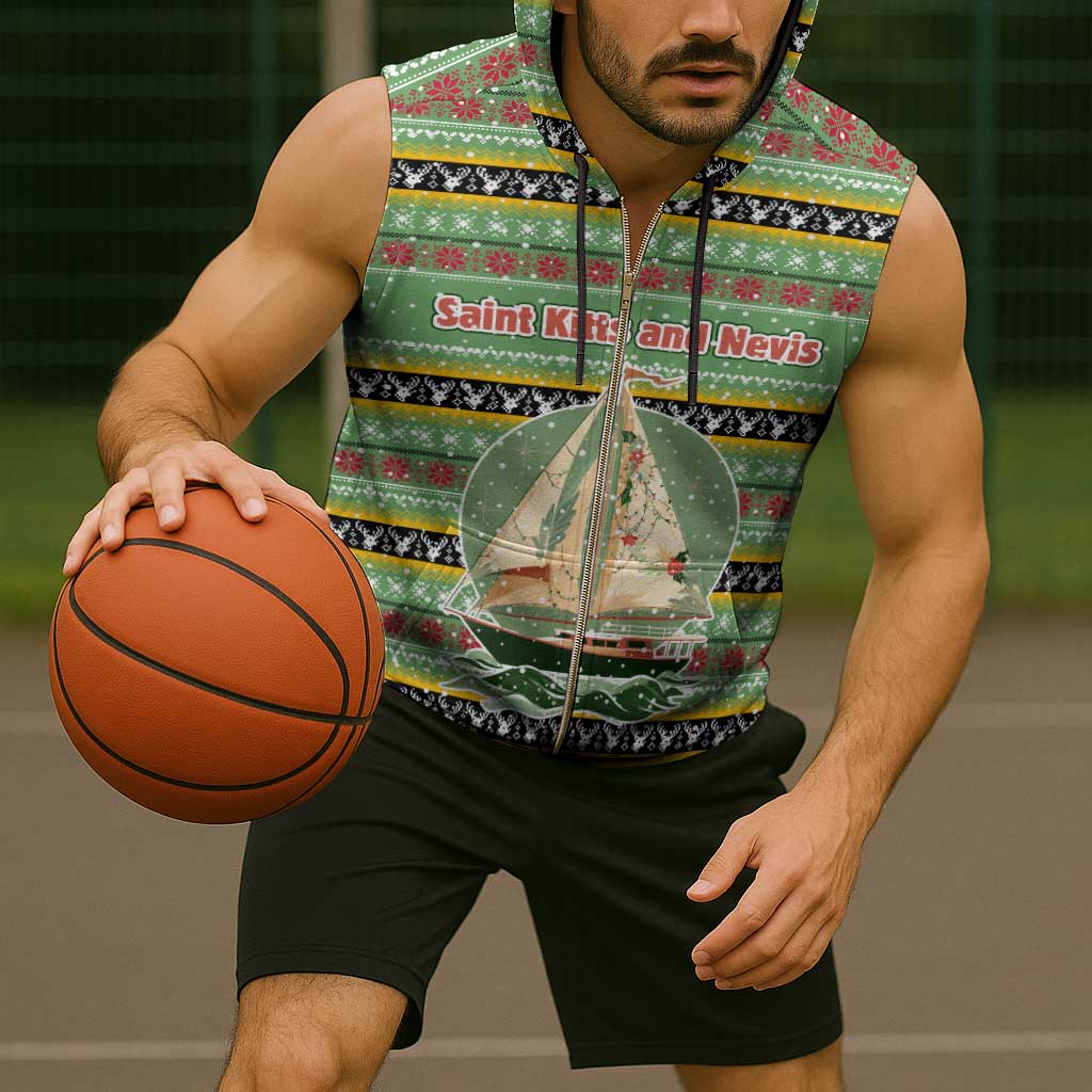 Saint Kitts and Nevis Christmas Sleeveless Zip Hoodie with Green Red Black Xmas Sailboat and Map - Wonder Print Shop