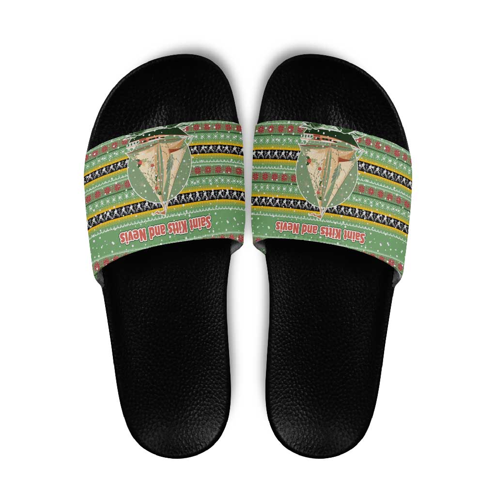 Saint Kitts and Nevis Christmas Slide Sandals with Green Red Black Xmas Sailboat and Map - Wonder Print Shop