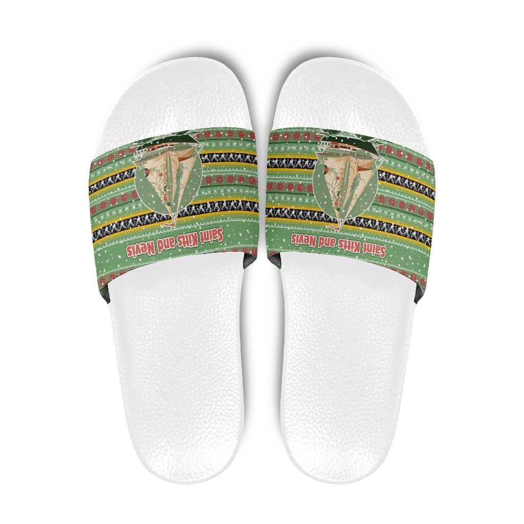 Saint Kitts and Nevis Christmas Slide Sandals with Green Red Black Xmas Sailboat and Map - Wonder Print Shop
