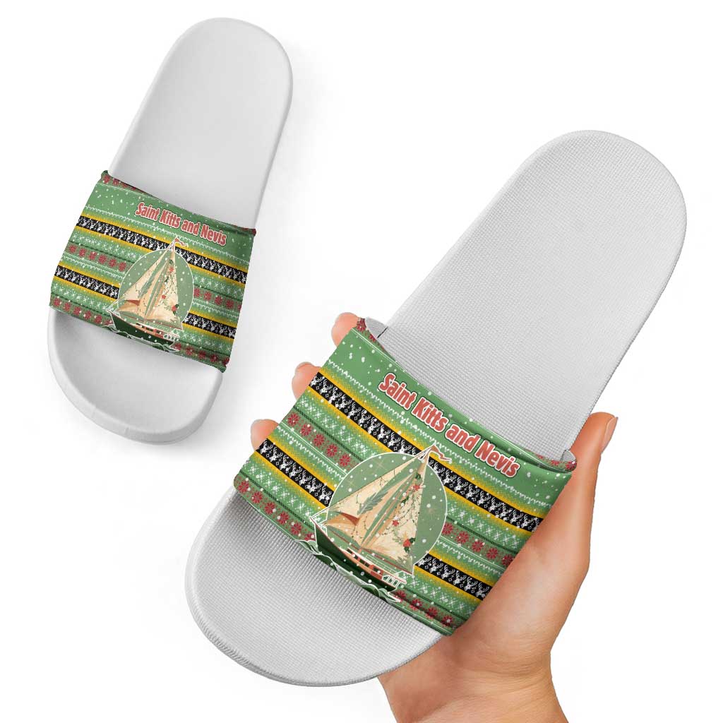Saint Kitts and Nevis Christmas Slide Sandals with Green Red Black Xmas Sailboat and Map - Wonder Print Shop