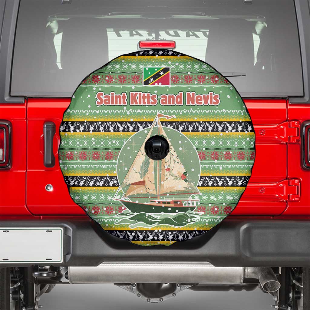 Saint Kitts and Nevis Christmas Spare Tire Cover with Green Red Black Xmas Sailboat and Map - Wonder Print Shop