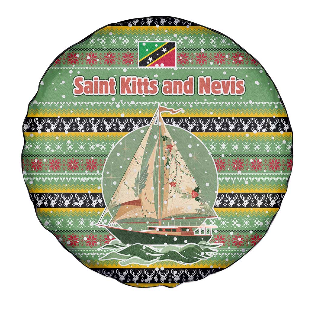 Saint Kitts and Nevis Christmas Spare Tire Cover with Green Red Black Xmas Sailboat and Map - Wonder Print Shop