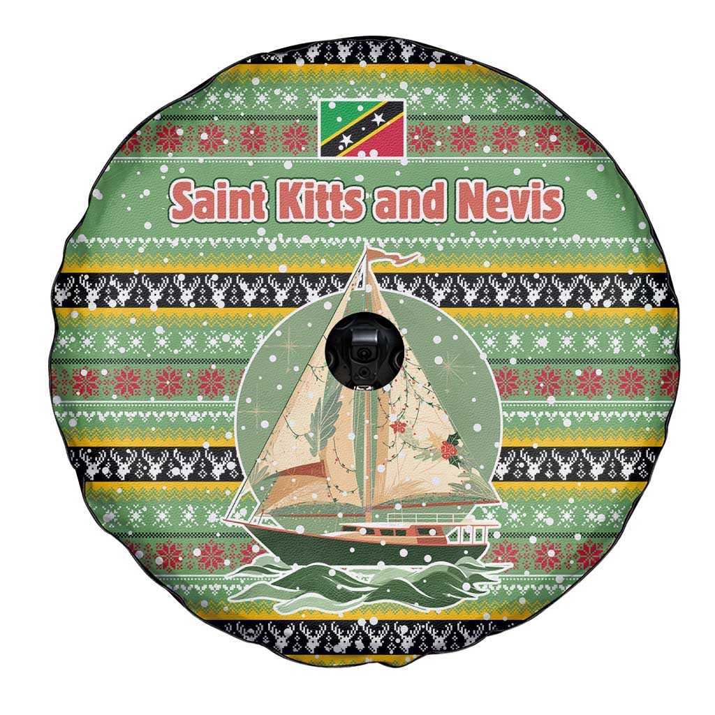 Saint Kitts and Nevis Christmas Spare Tire Cover with Green Red Black Xmas Sailboat and Map - Wonder Print Shop