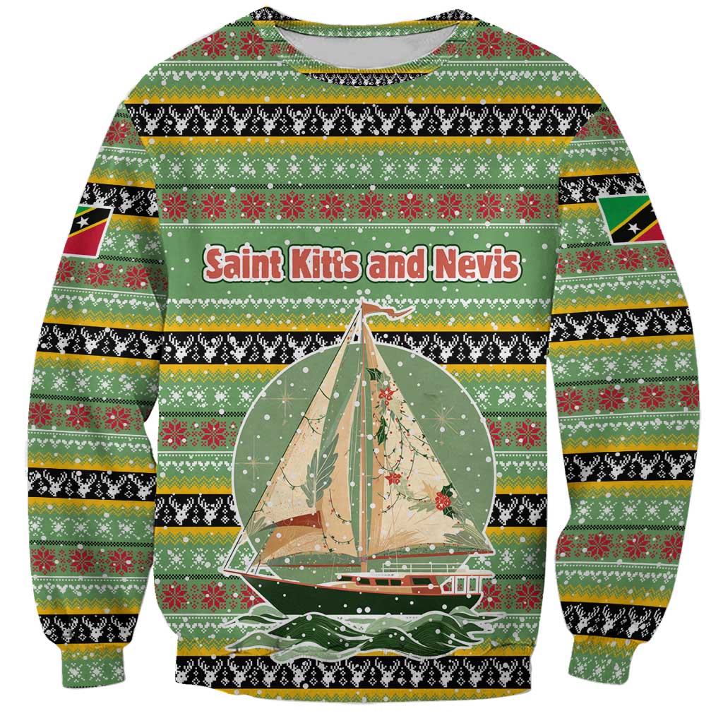 Saint Kitts and Nevis Christmas Sweatshirt with Green Red Black Xmas Sailboat and Map - Wonder Print Shop