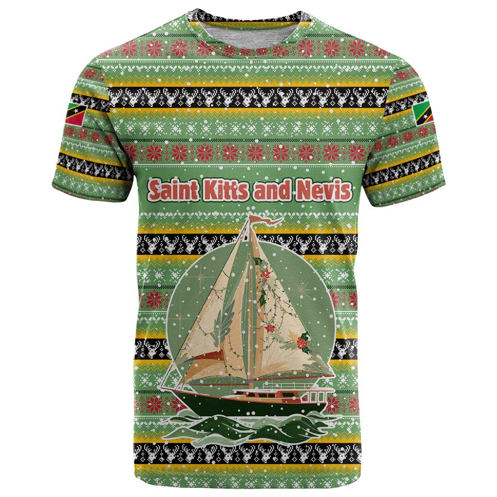Saint Kitts and Nevis Christmas T Shirt with Green Red Black Xmas Sailboat and Map - Wonder Print Shop