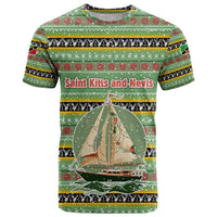 Saint Kitts and Nevis Christmas T Shirt with Green Red Black Xmas Sailboat and Map - Wonder Print Shop