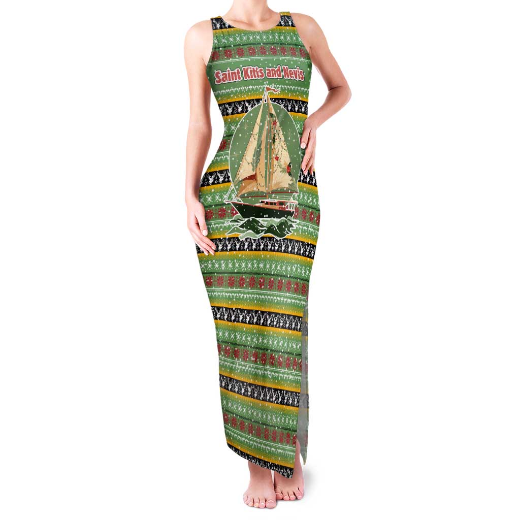 Saint Kitts and Nevis Christmas Tank Maxi Dress with Green Red Black Xmas Sailboat and Map - Wonder Print Shop