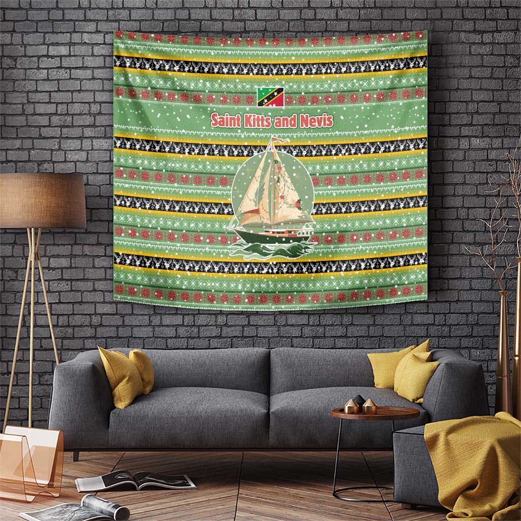 Saint Kitts and Nevis Christmas Tapestry with Green Red Black Xmas Sailboat and Map - Wonder Print Shop