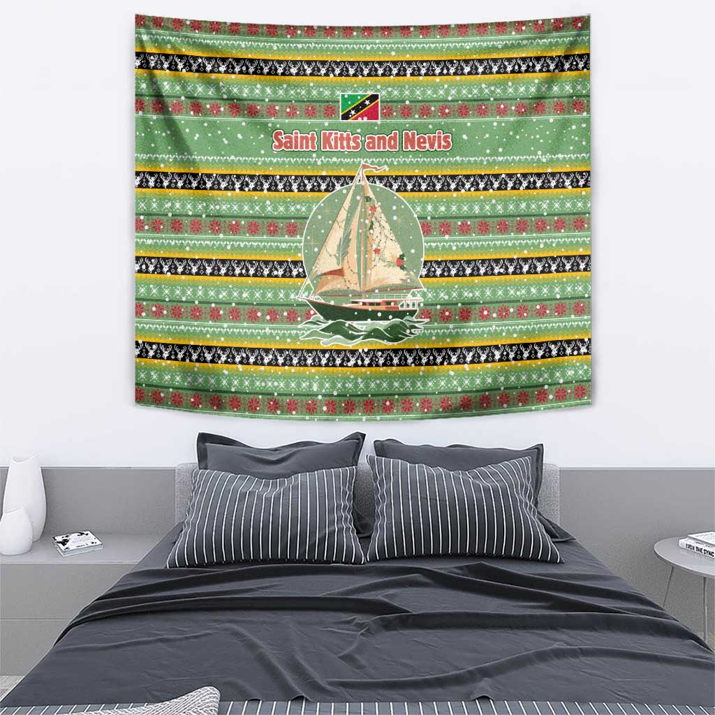 Saint Kitts and Nevis Christmas Tapestry with Green Red Black Xmas Sailboat and Map - Wonder Print Shop
