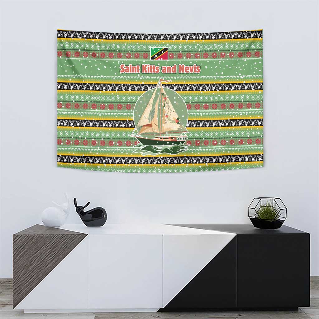 Saint Kitts and Nevis Christmas Tapestry with Green Red Black Xmas Sailboat and Map - Wonder Print Shop