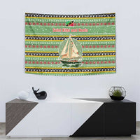 Saint Kitts and Nevis Christmas Tapestry with Green Red Black Xmas Sailboat and Map - Wonder Print Shop