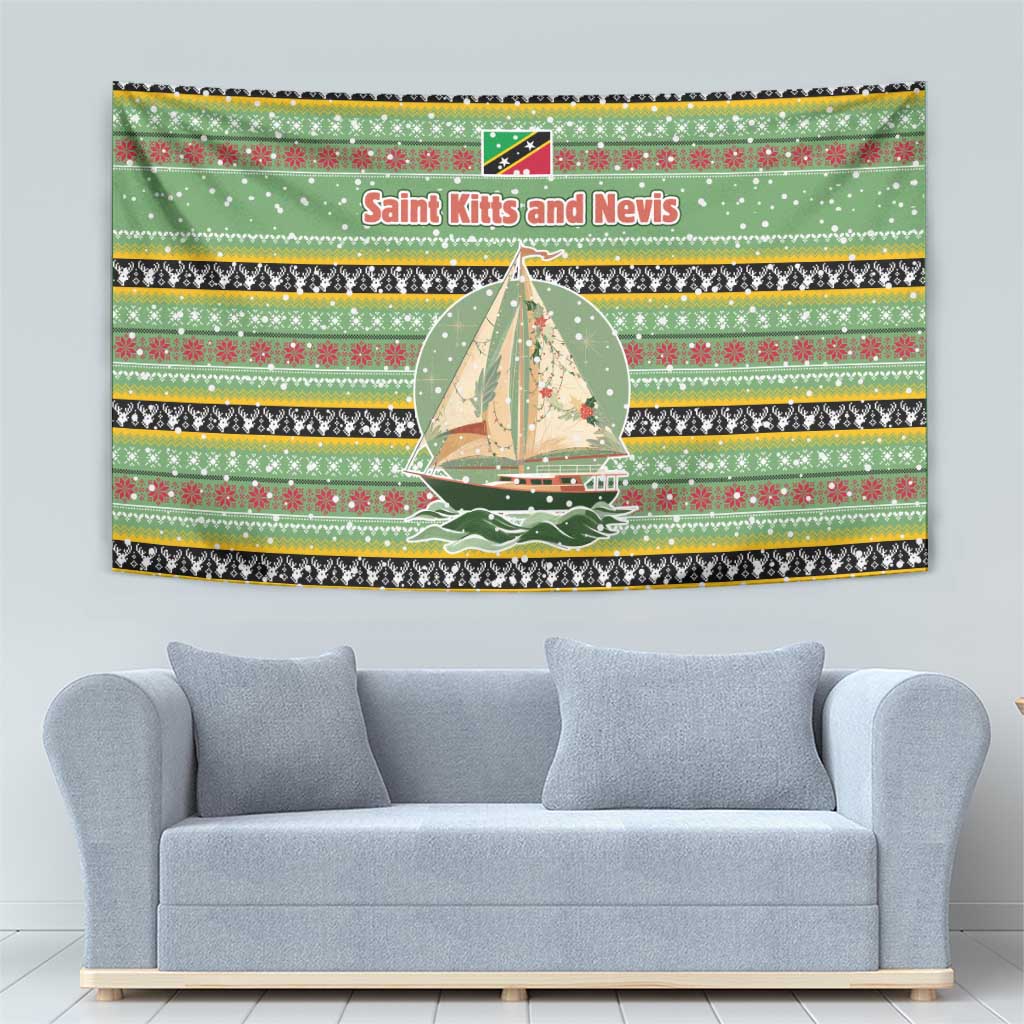 Saint Kitts and Nevis Christmas Tapestry with Green Red Black Xmas Sailboat and Map - Wonder Print Shop