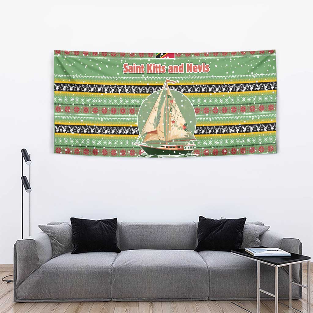 Saint Kitts and Nevis Christmas Tapestry with Green Red Black Xmas Sailboat and Map - Wonder Print Shop