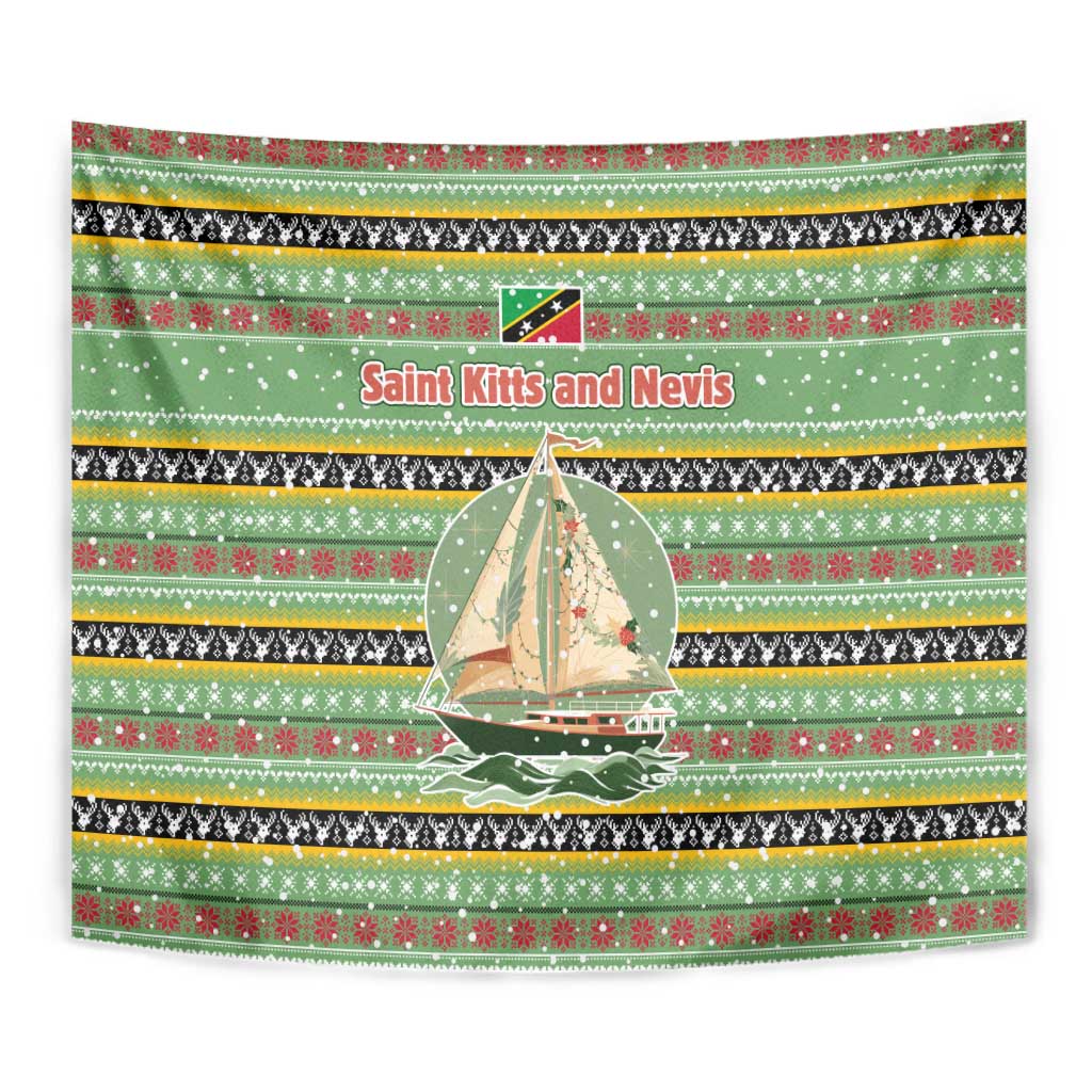 Saint Kitts and Nevis Christmas Tapestry with Green Red Black Xmas Sailboat and Map - Wonder Print Shop