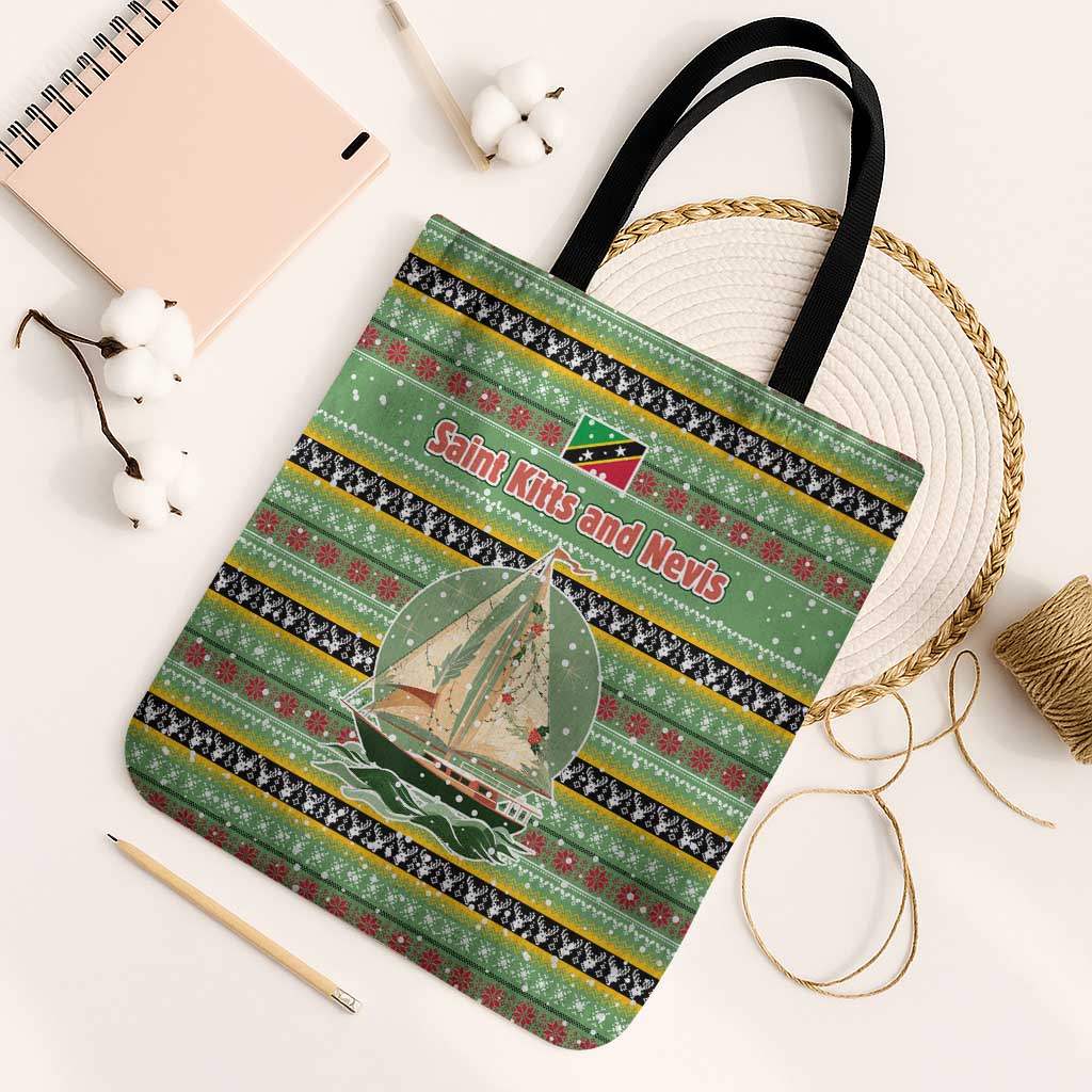 Saint Kitts and Nevis Christmas Tote Bag with Green Red Black Xmas Sailboat and Map - Wonder Print Shop
