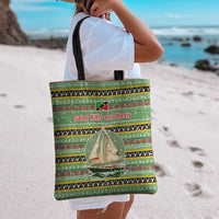 Saint Kitts and Nevis Christmas Tote Bag with Green Red Black Xmas Sailboat and Map - Wonder Print Shop