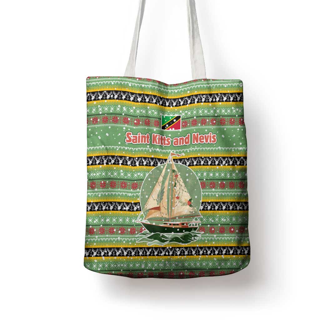 Saint Kitts and Nevis Christmas Tote Bag with Green Red Black Xmas Sailboat and Map - Wonder Print Shop