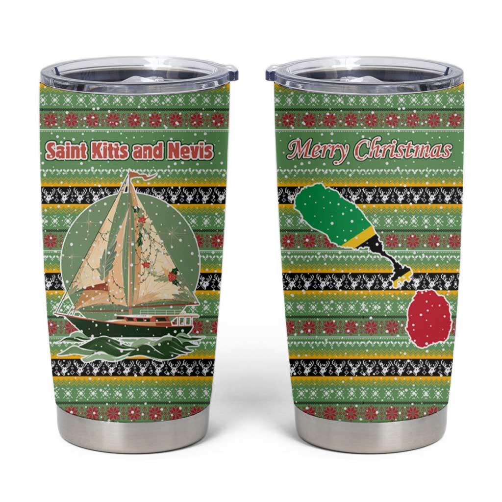 Saint Kitts and Nevis Christmas Tumbler Cup with Green Red Black Xmas Sailboat and Map - Wonder Print Shop
