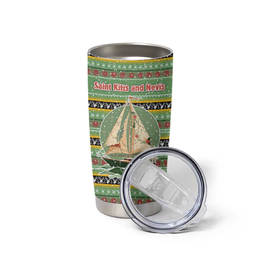 Saint Kitts and Nevis Christmas Tumbler Cup with Green Red Black Xmas Sailboat and Map - Wonder Print Shop