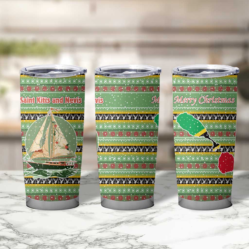 Saint Kitts and Nevis Christmas Tumbler Cup with Green Red Black Xmas Sailboat and Map - Wonder Print Shop