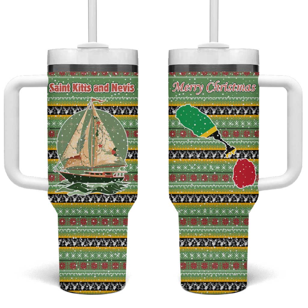Saint Kitts and Nevis Christmas Tumbler With Handle with Green Red Black Xmas Sailboat and Map - Wonder Print Shop