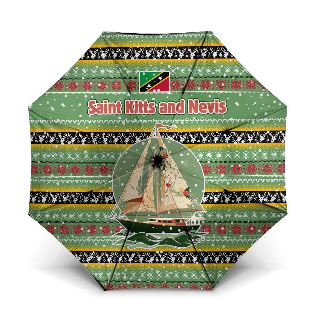 Saint Kitts and Nevis Christmas Umbrella with Green Red Black Xmas Sailboat and Map - Wonder Print Shop