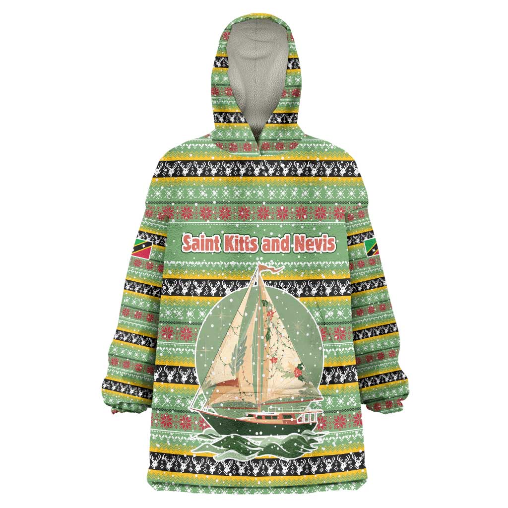 Saint Kitts and Nevis Christmas Wearable Blanket Hoodie with Green Red Black Xmas Sailboat and Map - Wonder Print Shop