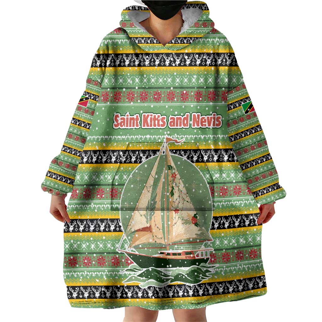 Saint Kitts and Nevis Christmas Wearable Blanket Hoodie with Green Red Black Xmas Sailboat and Map - Wonder Print Shop