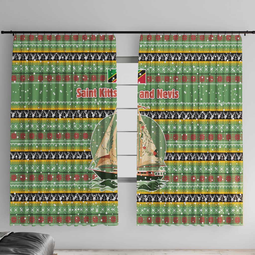 Saint Kitts and Nevis Christmas Window Curtain with Green Red Black Xmas Sailboat and Map - Wonder Print Shop