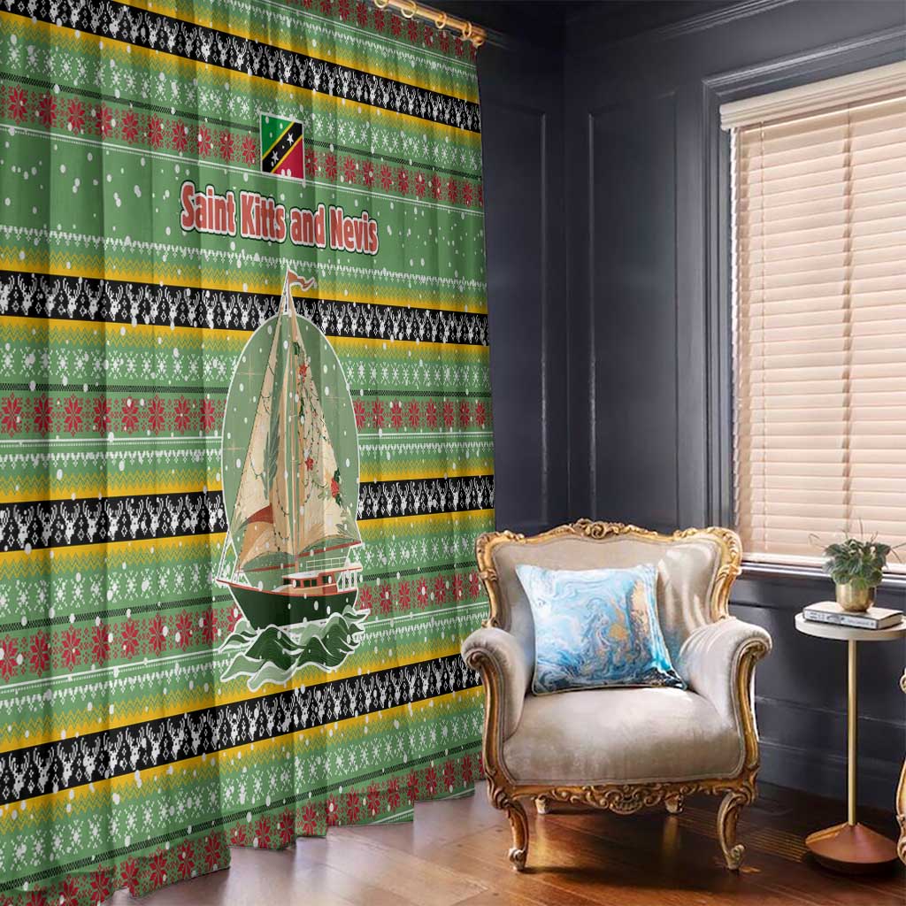 Saint Kitts and Nevis Christmas Window Curtain with Green Red Black Xmas Sailboat and Map - Wonder Print Shop
