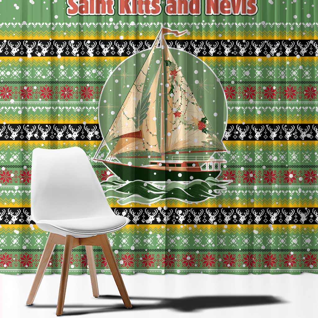 Saint Kitts and Nevis Christmas Window Curtain with Green Red Black Xmas Sailboat and Map - Wonder Print Shop