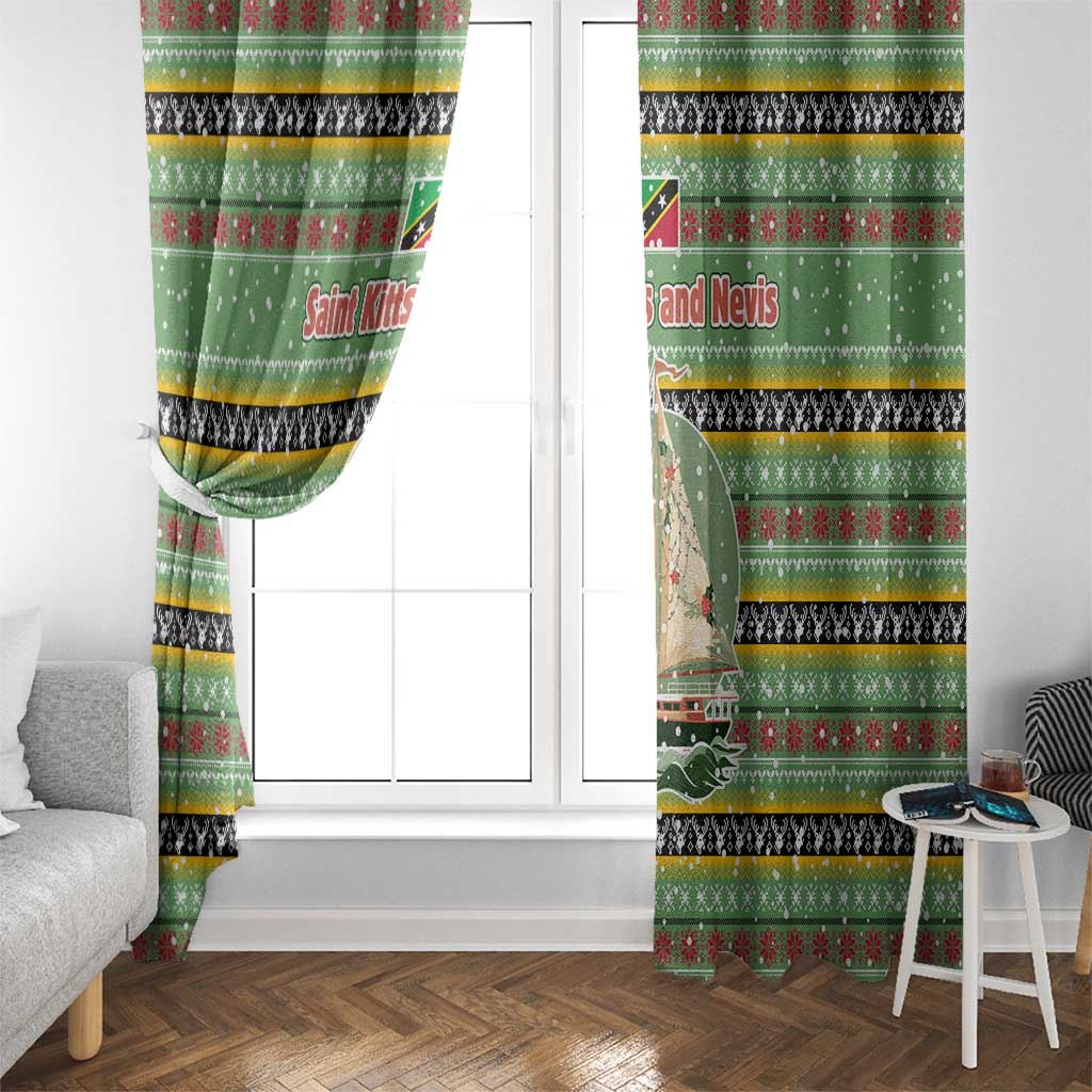 Saint Kitts and Nevis Christmas Window Curtain with Green Red Black Xmas Sailboat and Map - Wonder Print Shop