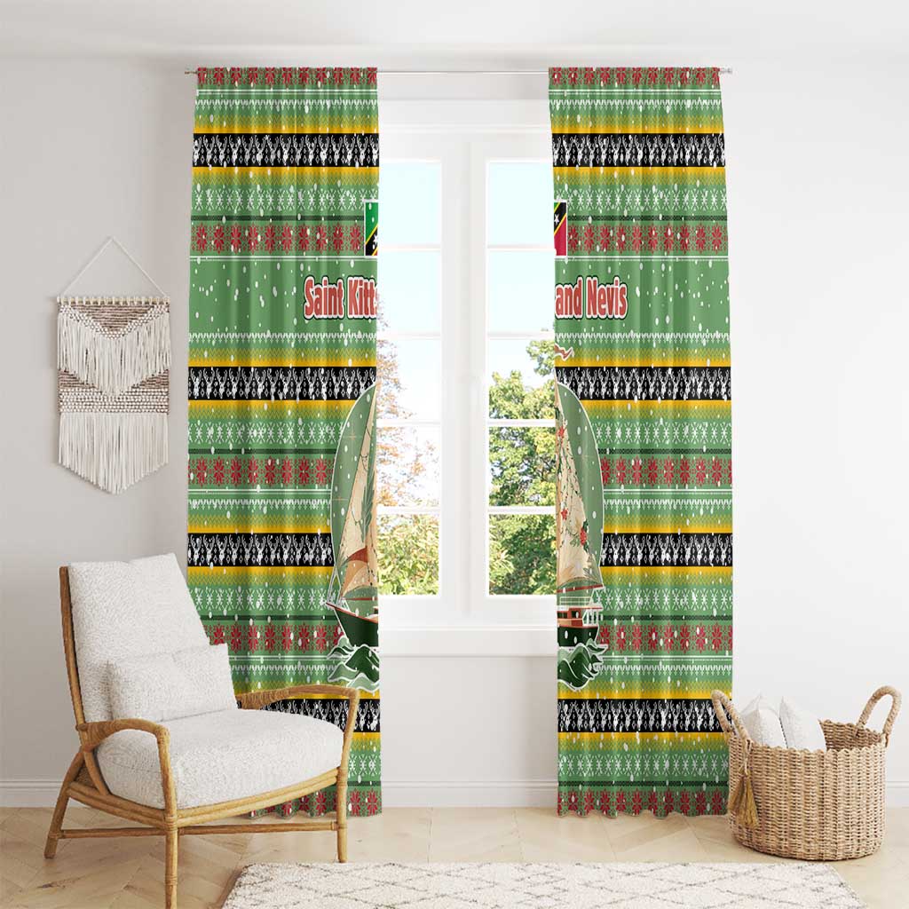 Saint Kitts and Nevis Christmas Window Curtain with Green Red Black Xmas Sailboat and Map - Wonder Print Shop