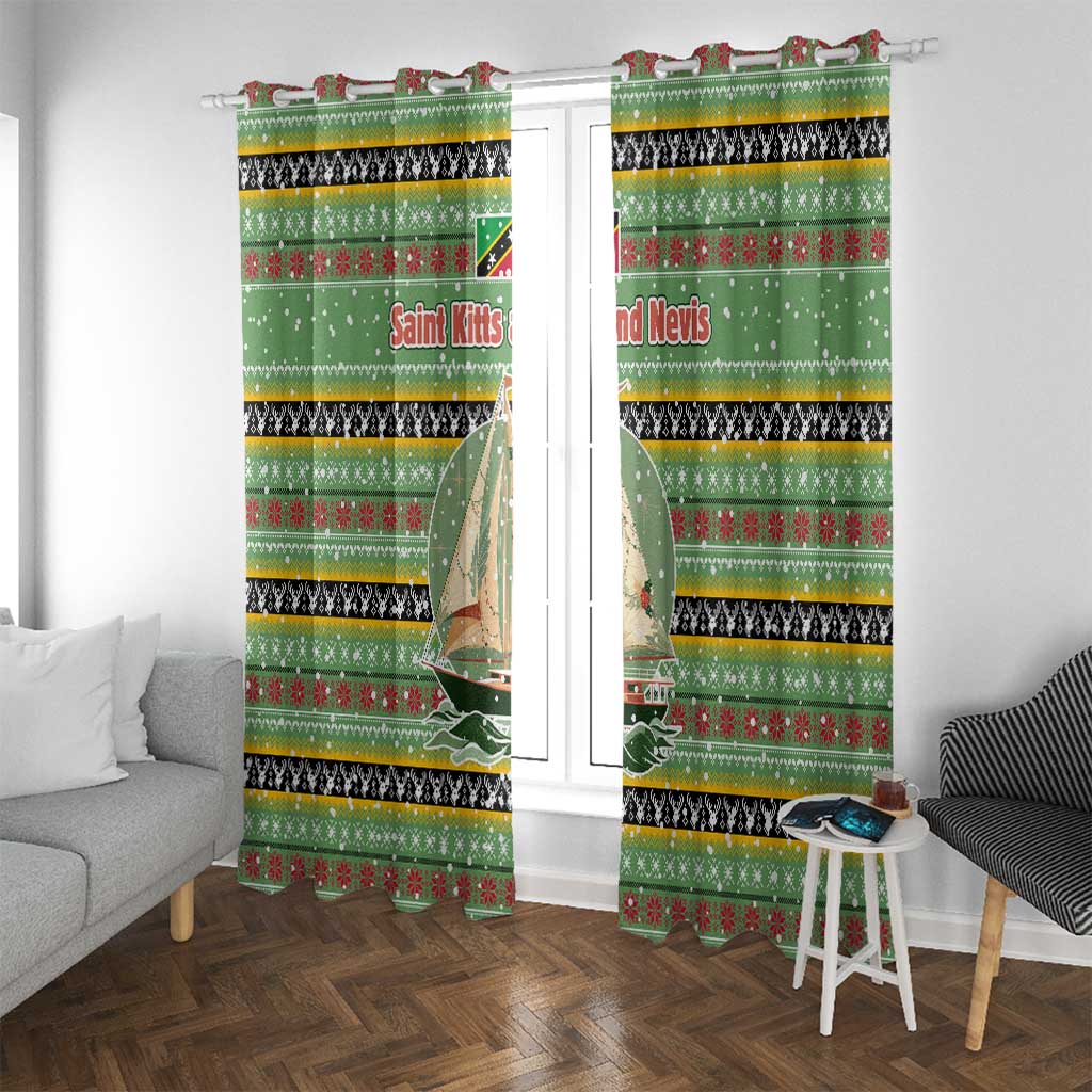 Saint Kitts and Nevis Christmas Window Curtain with Green Red Black Xmas Sailboat and Map - Wonder Print Shop