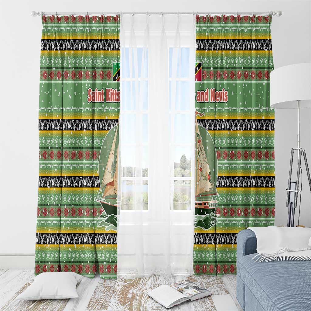 Saint Kitts and Nevis Christmas Window Curtain with Green Red Black Xmas Sailboat and Map - Wonder Print Shop